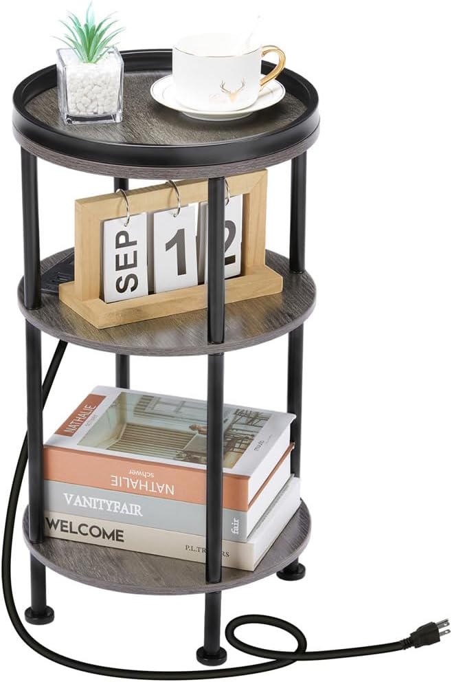 Small Round Side Table with Charging Station for Small Spaces, 3-Tier Accent Table with USB Ports & Power Outlets, Sofa Corner Tea Table for Living Room Nightstand Bedroom Apartment (Grey)