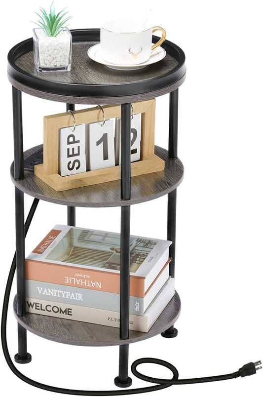 Small Round Side Table with Charging Station for Small Spaces, 3-Tier Accent Table with USB Ports & Power Outlets, Sofa Corner Tea Table for Living Room Nightstand Bedroom Apartment (Grey)