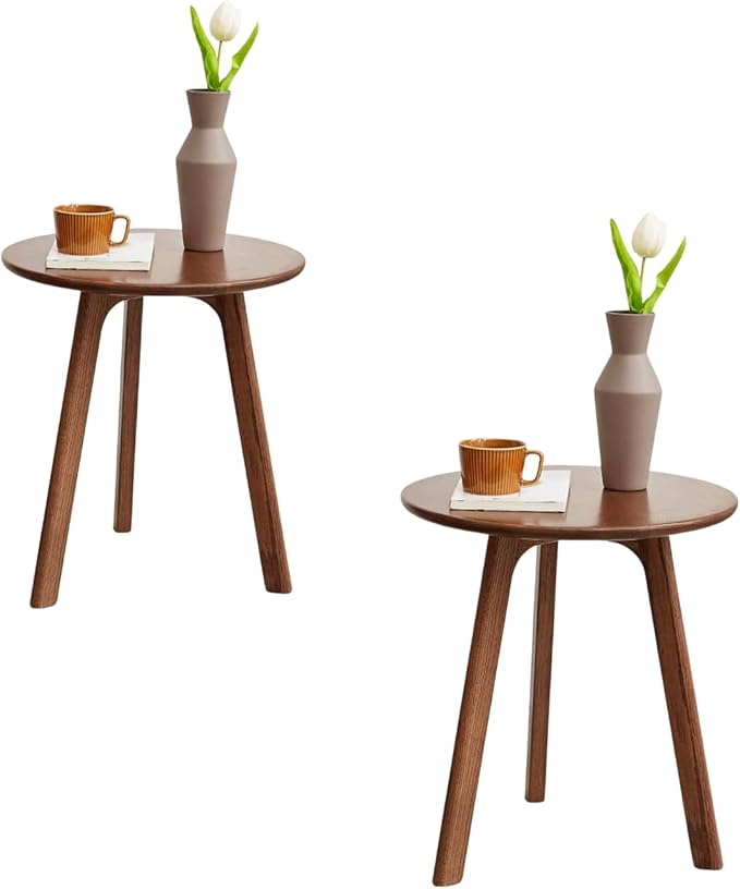 100% Solid Oak Round Side Table, Small Side Table for Small Spaces, 3-Legged Living Room End Tables Set of 2 with Stable Frame for Bedroom Couch Side Entryway, Walnut