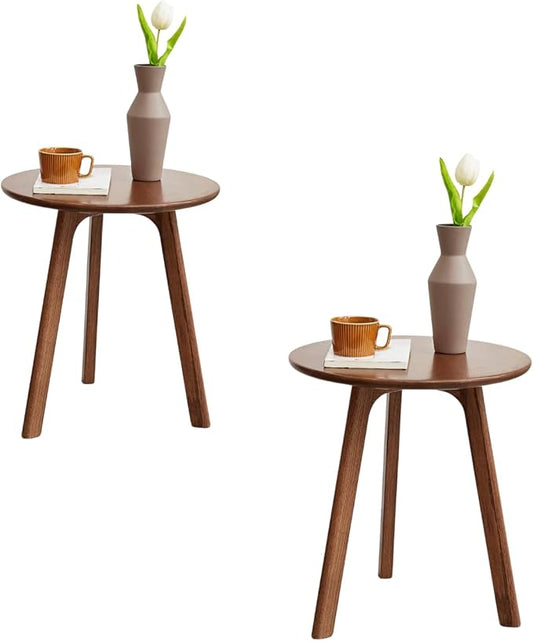 100% Solid Oak Round Side Table, Small Side Table for Small Spaces, 3-Legged Living Room End Tables Set of 2 with Stable Frame for Bedroom Couch Side Entryway, Walnut