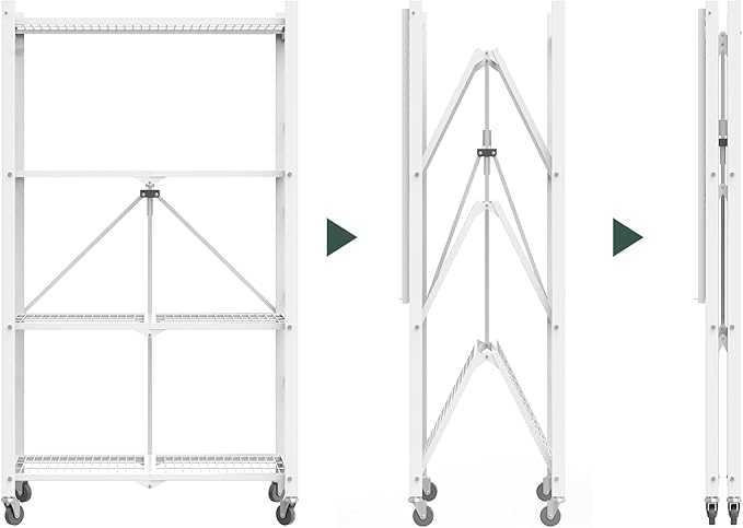 50" H 4 Tier Foldable Storage Shelf with Wheels, Folding Shelving Loads 400 LBS, Metal Steel Garage Shelves, Rolling Standing Utility Rack for Kitchen, Pantry, Office, White