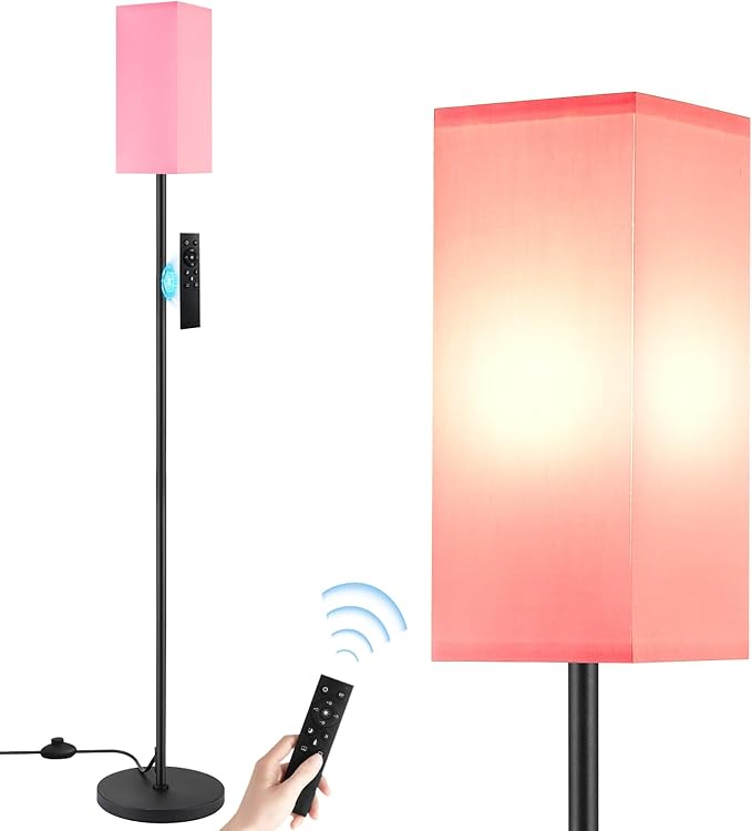 Ambimall Remote Control Floor Lamp, Stepless Dimmable, 64 Inches Tall, Include 9W Bulb, Standing Lamp for Living Room Bedroom Office (Pink & Black)