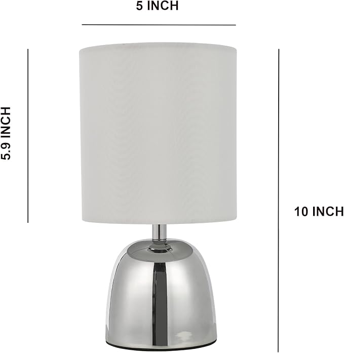 Small Modern Touch Eye Protection Bedside Table Lamp, 5.5 x 5.5 x 10 Inch Farmhouse Table Lamps, Silver Metal Base Table Lamp for Living Room Bedrooms and Office (White Fabric Lampshade)