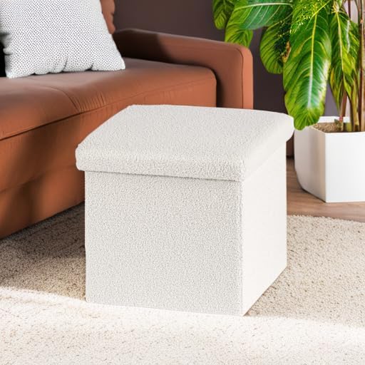 B FSOBEIIALEO Small Storage Ottoman Cube Sherpa Ottomans Foot Rest, Foldable Boucle Ottoman, Faux Teddy Fur, Cream White 15"x15"x15"