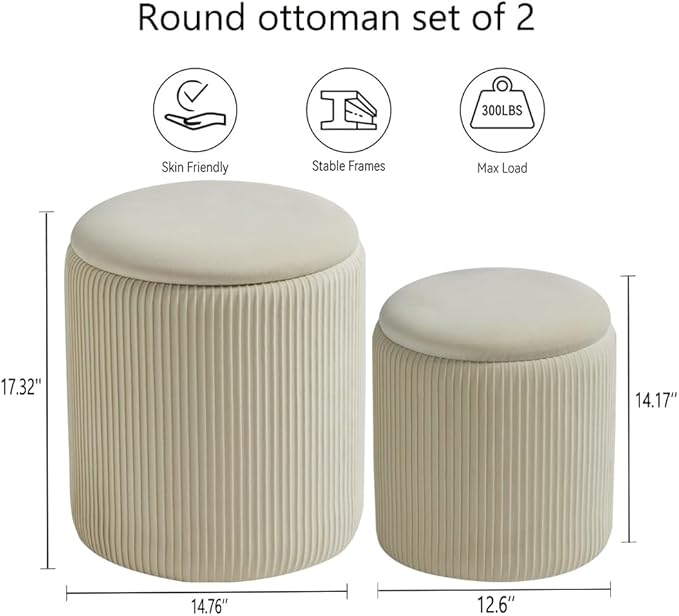 Round Ottoman with Storage Set of 2-Upholstered Velvet Vanity Stool for Makeup Multifunctional Ottomans Coffee Table Padded Seat Foot Rest for Living Room&Bedroom (White-Upgrade Tray Lid)
