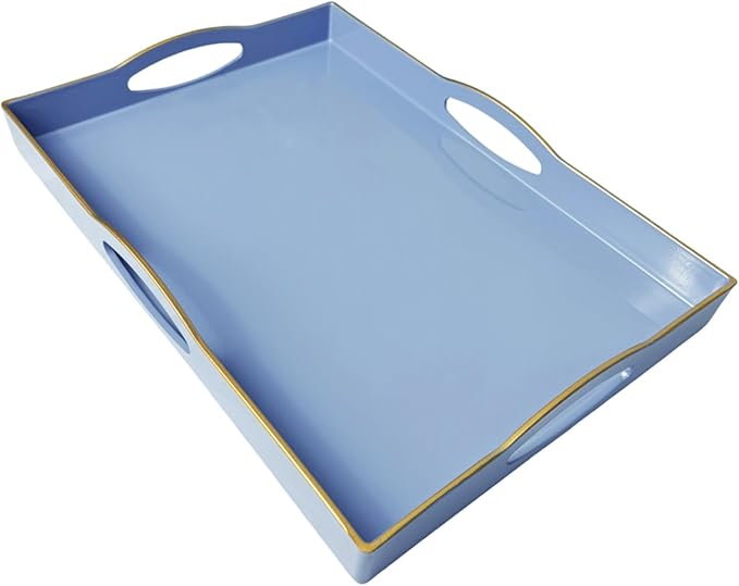 Blue Serving Tray with 4 Handles, Plastic Decorative Tray for Coffee Table, Ottoman - Ideal for Living Room & Bathroom. 15” x 11” x 1.9”