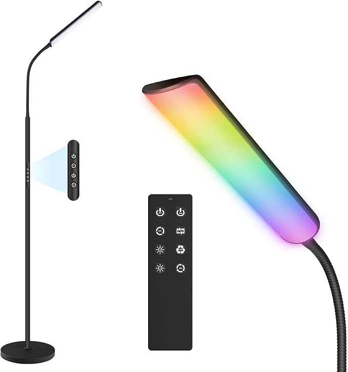 Dimunt LED Floor Lamp, 15W Super Bright RGB Corner Lamp, 3000K-6500K 4 Color Temps Dimmable Floor Lamp, Remote & Touch Control, 1 Hour Timer, Adjustable Gooseneck Standing Lamp for Living Room Home