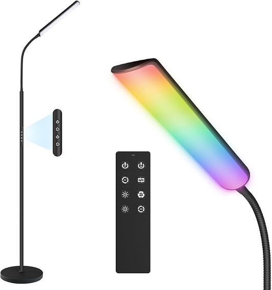 Dimunt LED Floor Lamp, 15W Super Bright RGB Corner Lamp, 3000K-6500K 4 Color Temps Dimmable Floor Lamp, Remote & Touch Control, 1 Hour Timer, Adjustable Gooseneck Standing Lamp for Living Room Home
