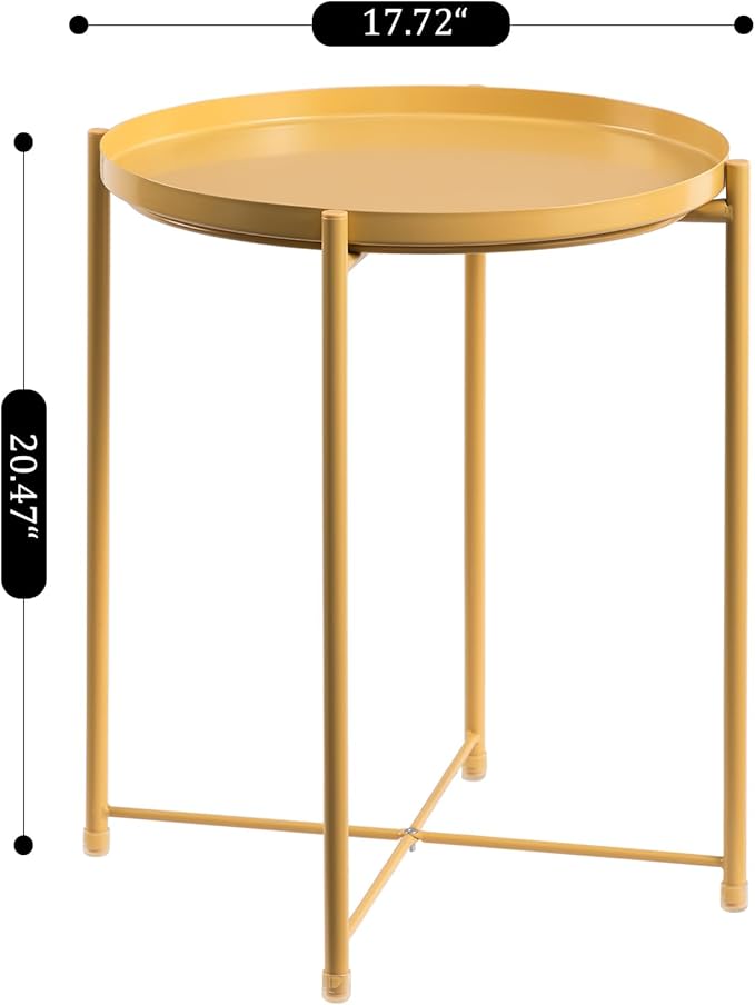 HollyHOME Round Metal Side Table, Outdoor Small Folding Accent Stand with Removable Tray, 17.72'' Portable End Table for Balconies, Gardens, Living Rooms and Bedrooms, Yellow