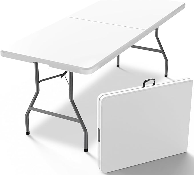 8FT（30" x 96"） Folding Table, Indoor Outdoor Heavy Duty Picnic Table with Carrying Handle,Plastic Fold up Table for Picnic, Party, Camping，Office - White