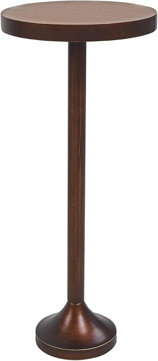 Small Pedestal End Table, Metal Base Side Table, Drinking Table with Scratching Distressed Finish, Light Espresso
