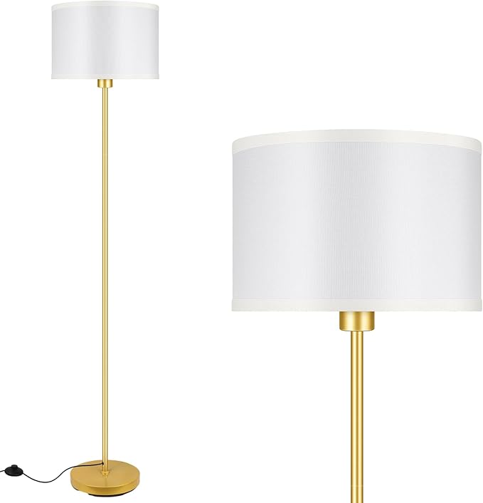 Gold Floor Lamp, Standing Lamp, 58" Tall Lamps for Living Room, Simple Pole Lamp with White Shade, On/Off Foot Pedal, Bright Corner Lamp for Kids Room Bedroom Office Decor(E26 Base, NO Bulb)