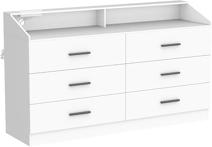 6 Drawer Dresser with Power Outlet, Chest of Drawers with LED Light, Modern Dresser with Open Storage Cubby, Double Wide Dressers Organizer for Bedroom, Living Room, Entryway, Hallway