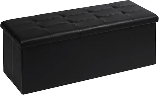 PINPLUS Folding Storage Ottoman Bench, Black Faux Leather Long Chest with Tray, Footrest Seat, Blanket Storage for Living Room Bedroom Office Hallway, 43.3"x15"x15"