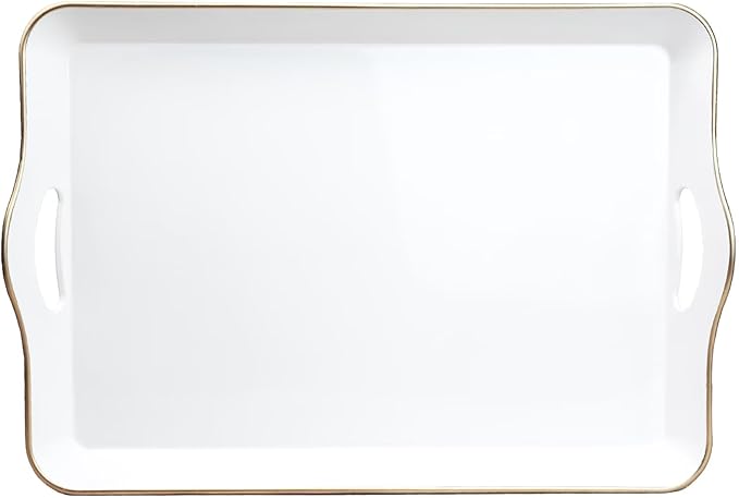 Spsyrine White Decorative Serving Tray with Handles, Elegant Plastic Coffee Table Tray for Ottoman, Living Room, Home Decor
