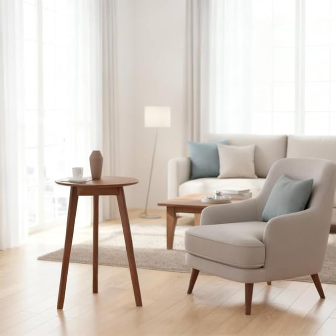 100% Solid Oak Small Tall Side Table, Mid Century Modern Coffee Table for Small Spaces, Living Room End Table with Stable Frame for Bedroom Couch, (Walnut, 21.65" D x 21.65" W x 29.53" H)