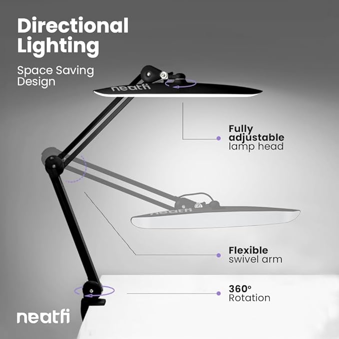 Neatfi XL 2,200 Lumens LED Task Lamp, 20W, 182 Pcs SMD LED, Dimmable, 4 Level Brightness, 3 Light Modes, Desk Light for Home, Office, Workbench (CCT, Black)