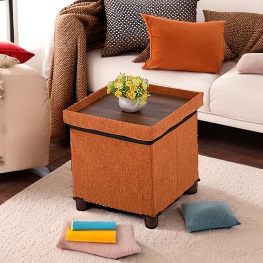 15 Inch Storage Ottoman with Wooden Legs - Cube Foot Rest Stool, Square Footstool, Comfortable Seat with Lid, Foldable Fabric Ottoman, Space-Saving Orange