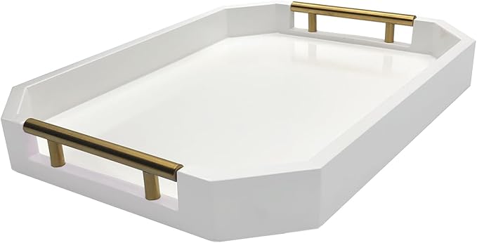 Serving Tray with Polished Metal Handles, Hexagon Coffee Table Tray, Modern Rectangle Decorative Tray, Large Ottoman Tray, Perfect for Storage and Display (White Rectangle)