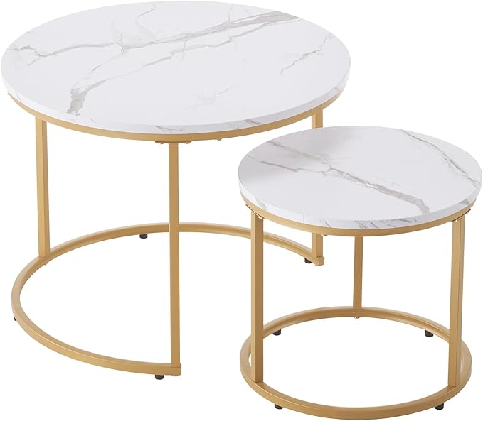 VEVOR Nesting Tables, Coffee Table Set of 2, 23.6 inch Round Coffee Table, Small Coffee Tables Night Stand with Metal Frame, for Living Room, Bedroom, Office (White & Gold)
