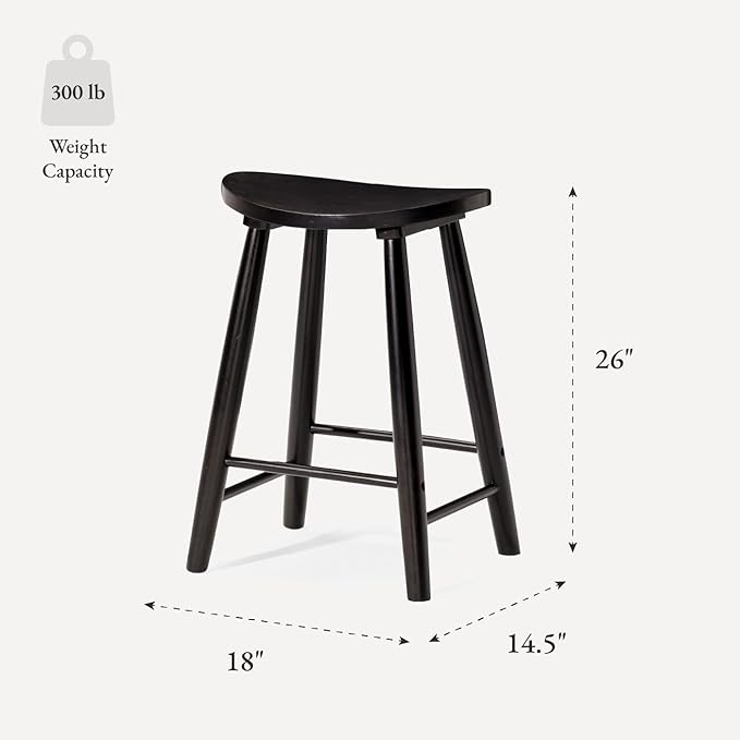 Maven Lane Luna Counter Stool Set of 2 – 26 Inch Round Stools with Footrest – Black Solid Wood – Space-Saving Design for Kitchen Counters & Islands, Ideal for Apartments, Dorms & Compact Living