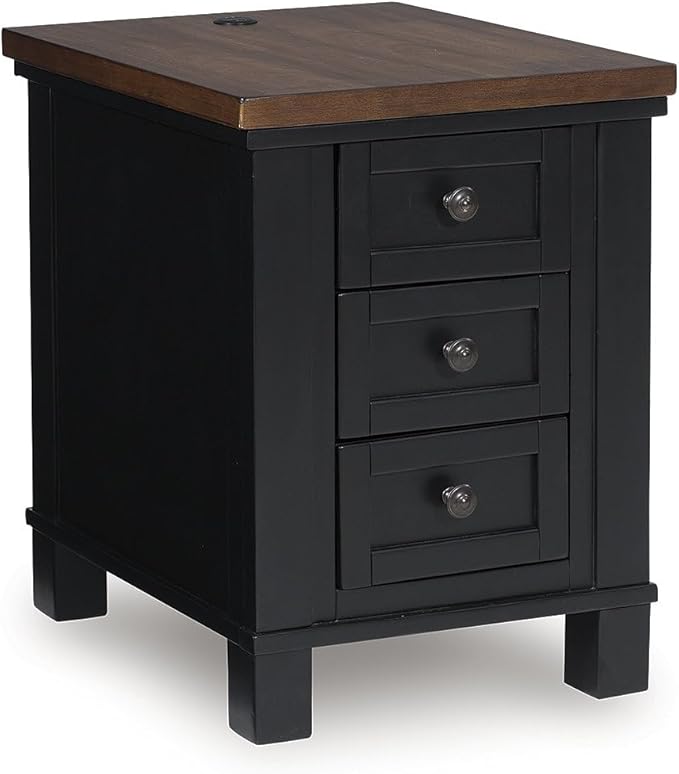 Signature Design by Ashley Wildenauer Farmhouse 3-Drawer Chairside End Table with USB Ports, Light Brown & Black