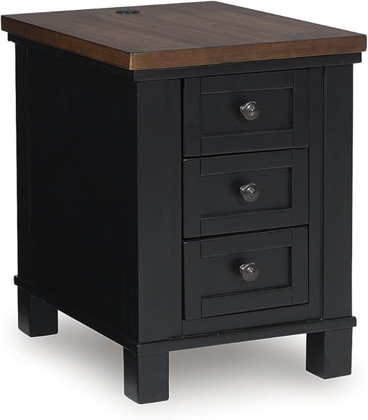 Signature Design by Ashley Wildenauer Farmhouse 3-Drawer Chairside End Table with USB Ports, Light Brown & Black
