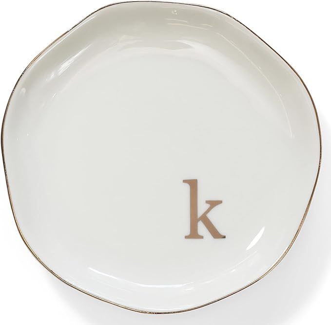 HOME SMILE Initials Ring Dish Jewery Tray with Personalized K-Monogrammed Engagement Wedding Gifts for Friends,Sister,Birthday Christmas Gifts for Women,Ceramic White