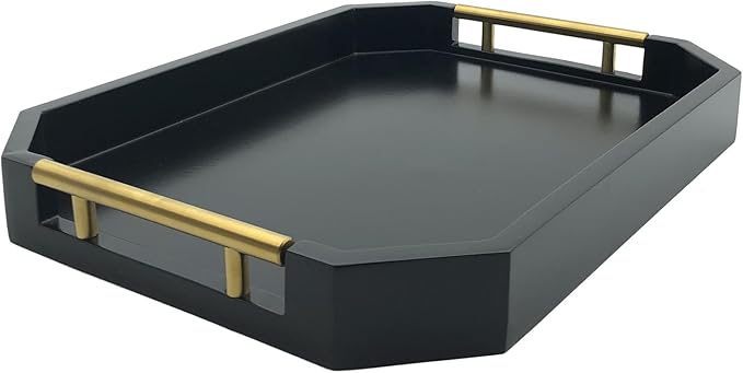 Serving Tray with Polished Metal Handles, Hexagon Coffee Table Tray, Modern Rectangle Decorative Tray, Large Ottoman Tray, Perfect for Storage and Display (Black Rectangle)