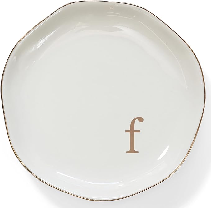 HOME SMILE Initials Ring Dish Jewery Tray with Personalized F-Monogrammed Engagement Wedding Gifts for Friends,Sister,Birthday Christmas Gifts for Women,Ceramic White