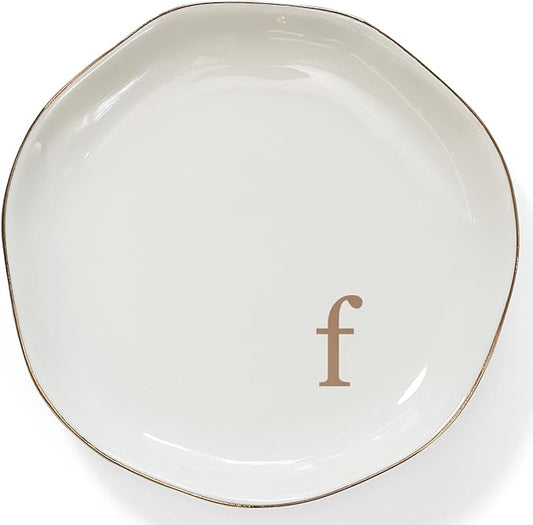 HOME SMILE Initials Ring Dish Jewery Tray with Personalized F-Monogrammed Engagement Wedding Gifts for Friends,Sister,Birthday Christmas Gifts for Women,Ceramic White