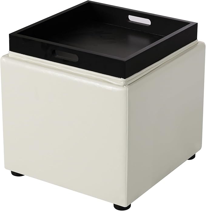 Adeco 17" White Storage Ottoman Cube with Tray Lid, Small Footstool with Storage, Square End Table for Living Room & Bedroom