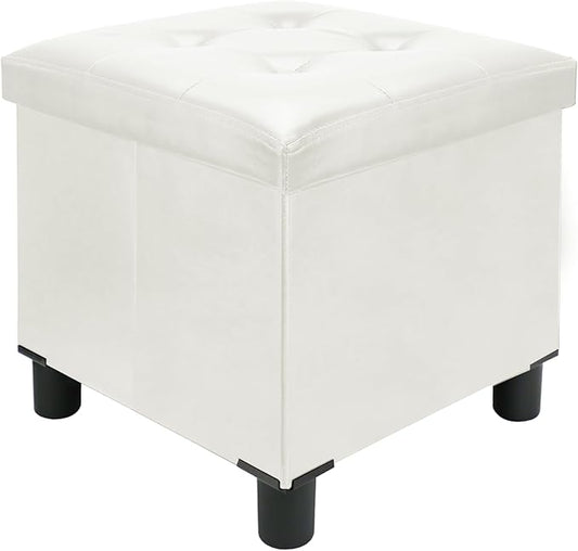 18 Inches Cube Storage Ottoman, Faux Leather Collapsible Square Folding Ottoman Furniture with Storage for Living Room Bedroom, Foot Rest Foot Stool with Legs, White 18x18x18 Inches