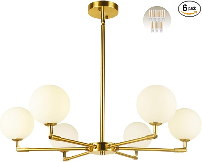 6-Lights Globe Mid Century Chandelier Modern Sputnik Pendant Light Fixture with G9 Bulb Brushed Brass Finished with White Globe Glass Lampshade Dining Kitchen Island Bedroom Lighting (Gold)