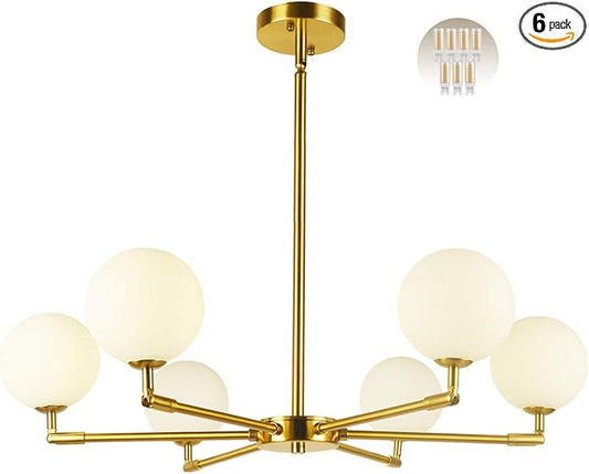 6-Lights Globe Mid Century Chandelier Modern Sputnik Pendant Light Fixture with G9 Bulb Brushed Brass Finished with White Globe Glass Lampshade Dining Kitchen Island Bedroom Lighting (Gold)