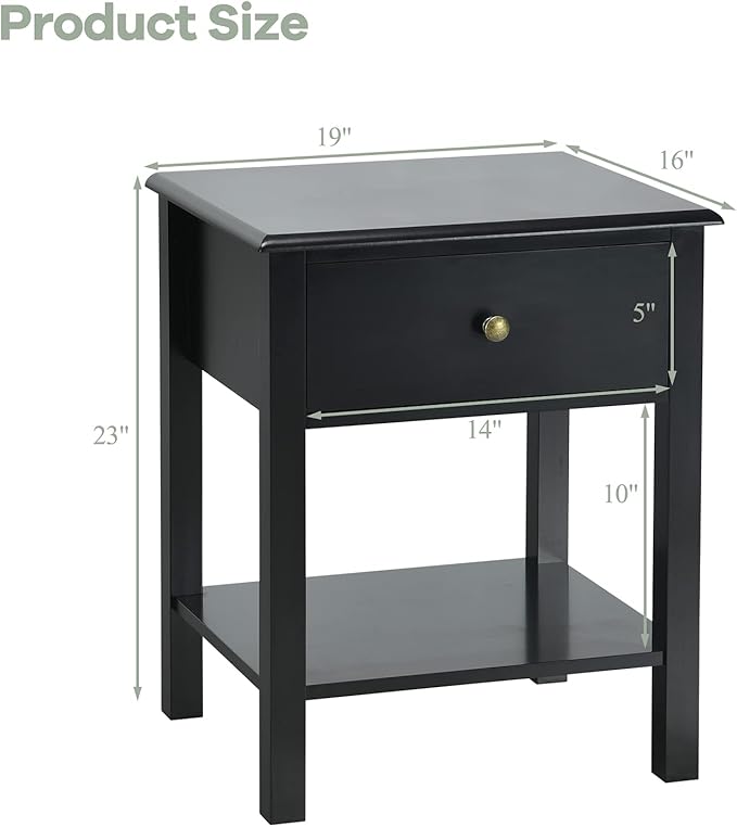 Giantex Nightstand, 2-Tier End Table with Drawer and Open Storage Shelf, Modern Bedside Tables, Wooden Side Table Night Stand for Bedroom, Dorm, Small Spaces, Easy Assembly, Black