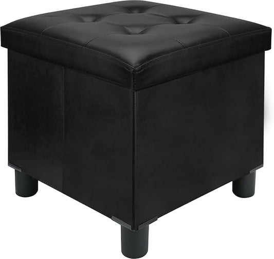 18 Inches Cube Storage Ottoman, Faux Leather Collapsible Square Folding Ottoman Furniture with Storage for Living Room Bedroom, Foot Rest Foot Stool with Legs, Black 18x18x18 Inches