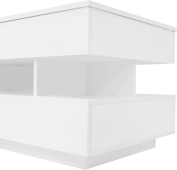 Lift Top Coffee Table with 2 Drawers and LED Lights, Modern 39.3" Rectangular High-Gloss Center Table Cocktail Tea Table with Lift-Top and Hidden Space for Living Room Apartment White