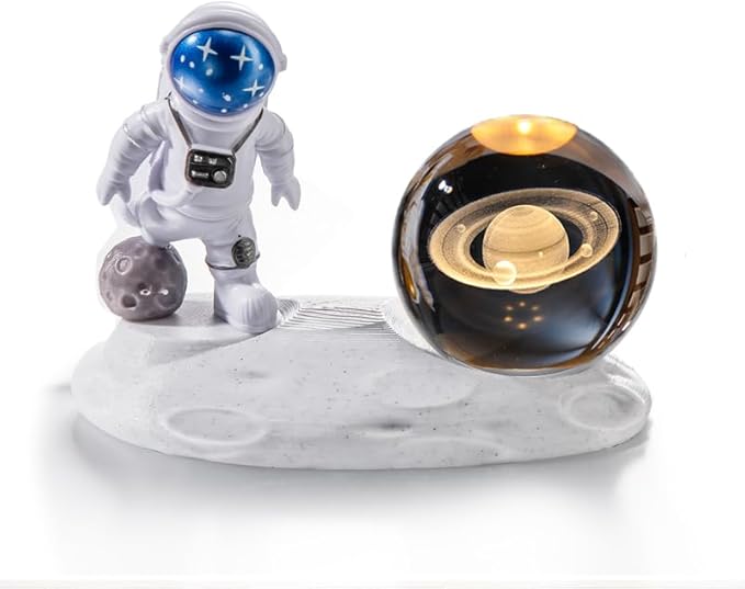 3D Astronaut Crystal Ball Night Light, 3D Inner Carved Crystal Ball Night Lamp, Glowing Crystal Ball with LED Light Base, Color Changing Light & Kids Birthday Gift (Blue, Saturn)