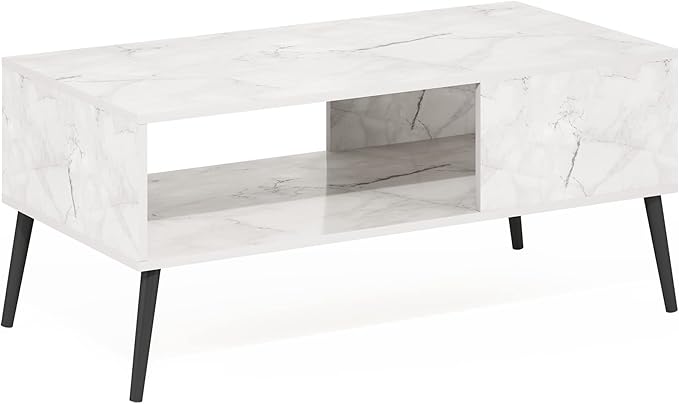 Furinno Claude Mid Century Style Coffee Table with Wood Legs, Marble White