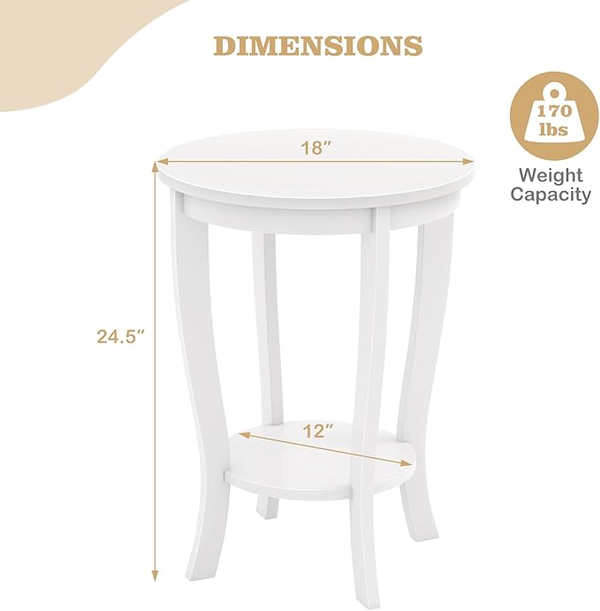 Giantex Round End Table, 2 Tier Side Table with Storage Shelf, Retro Nightstand with Solid Wood Legs, 18" x 18" Accent Table for Corner Small Spaces, Tall Night Stand for Living Room Bedroom, White