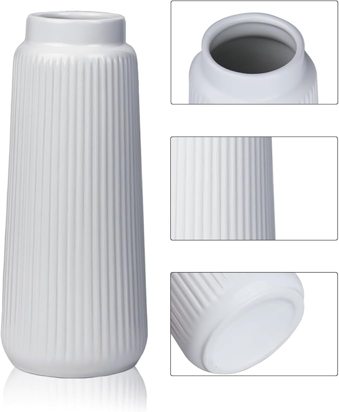 White Ribbed Ceramic Vase – Modern Elegant Flower Vase for Pampas Grass, Fresh or Dried Flowers, Minimalist Farmhouse Home Decor for Living Room, Dining Table, Wedding Centerpiece