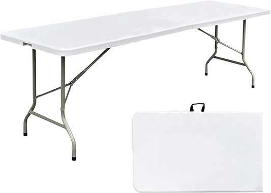8 Foot Folding Table 96 inch Heavy Duty 8ft Plastic Portable Foldable Table with Handle Indoor Outdoor White 8' Dining Table for Picnic, Party and Camping