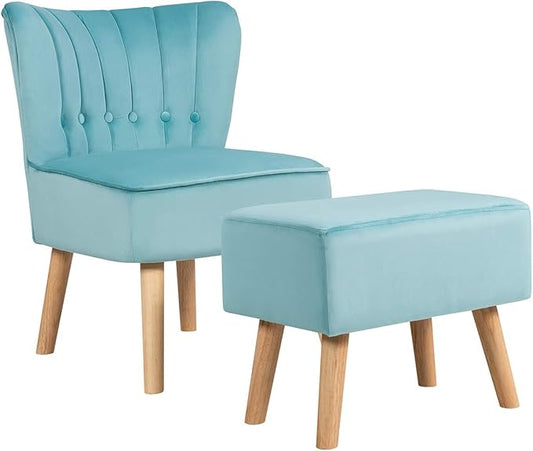 Giantex Modern Accent Chair Ottoman Set, Armless Slipper Sofa Chair with Footstool, Velvet Upholstered, Button Tufted, Single Chair and Ottoman for Living Room/Bedroom/Home Office (Turquoise)