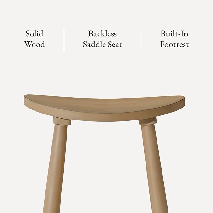 Maven Lane Luna Counter Stool Set of 3 – 26 Inch Round Stools with Footrest – Natural Solid Wood – Space-Saving Design for Kitchen Counters & Islands, Ideal for Apartments, Dorms & Compact Living