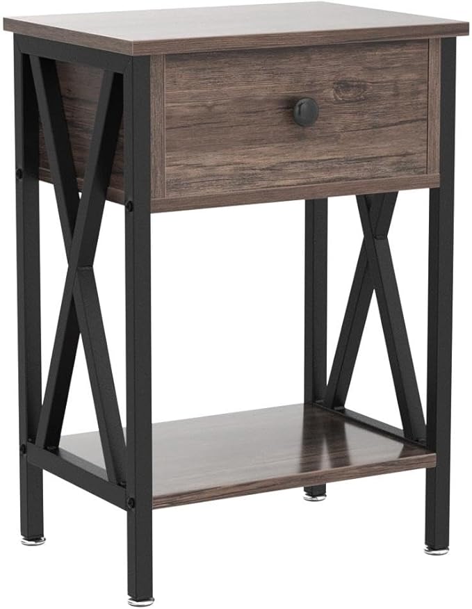 VECELO Nightstands Set of 2, Modern Bedside End Tables, Night Stands with Drawer and Storage Shelf for Living Room Bedroom, Industrial Metal Frame