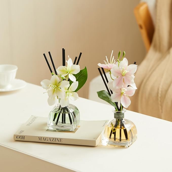 Flower Reed Diffuser Set, Jasmine Essential Oil with Sticks, Long Lasting Home Fragrance for Bedroom, Bathroom Shelf Decor, Hotel Collection Diffuser 3.4 oz