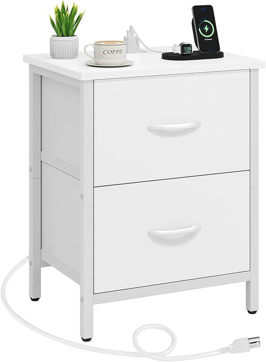 Vagusicc Nightstand with Charging Station, Bedside Table with USB Ports and Outlet, End Table Side Table with 2 Fabric Drawers for Bedroom, Living Room, White