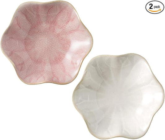 2Pcs Ceramic Jewelry Dish - Lotus Leaf Shape, for Ring Holder Necklace Small Key, Suitable for Mother Friend Sister, Gifts for Women, Cute Plate Trinket Tray, Home Decor (Pink & White)