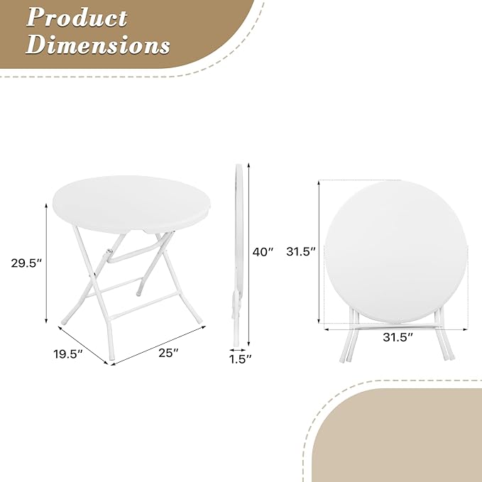 Athena Collection 2.6ft Plastic Folding Dining Table, Portable Round Card Table with Steel Legs for Indoor Outdoor, Foldable Heavy Duty for Camping Party, White